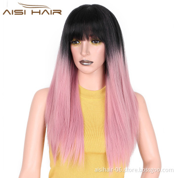 Aisi Hair Hot Selling Synthetic Ombre Pink Wig With Neat Bangs Long Straight Cosplay Wigs For Black Women Heat Resistant Fiber